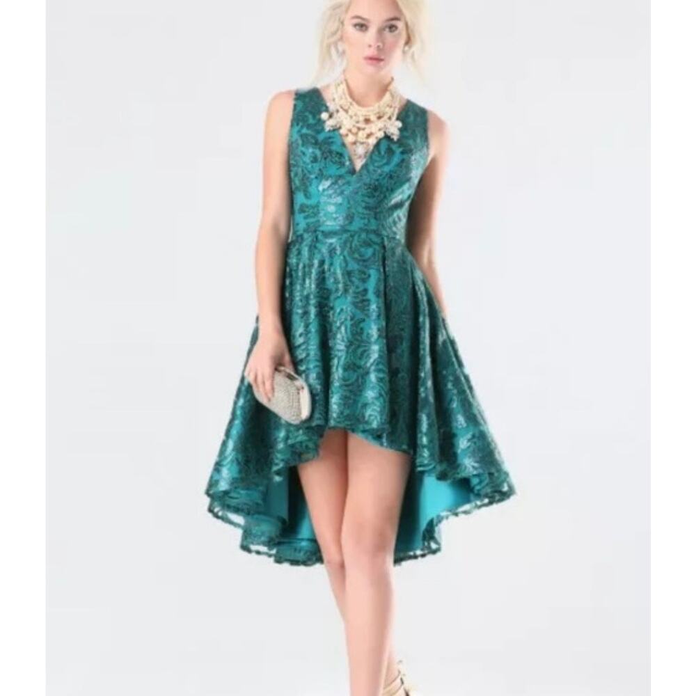 🔥BEBE Sequin Embellished Plunged Neck Hi Low Emerald Green Party Romantic Dress